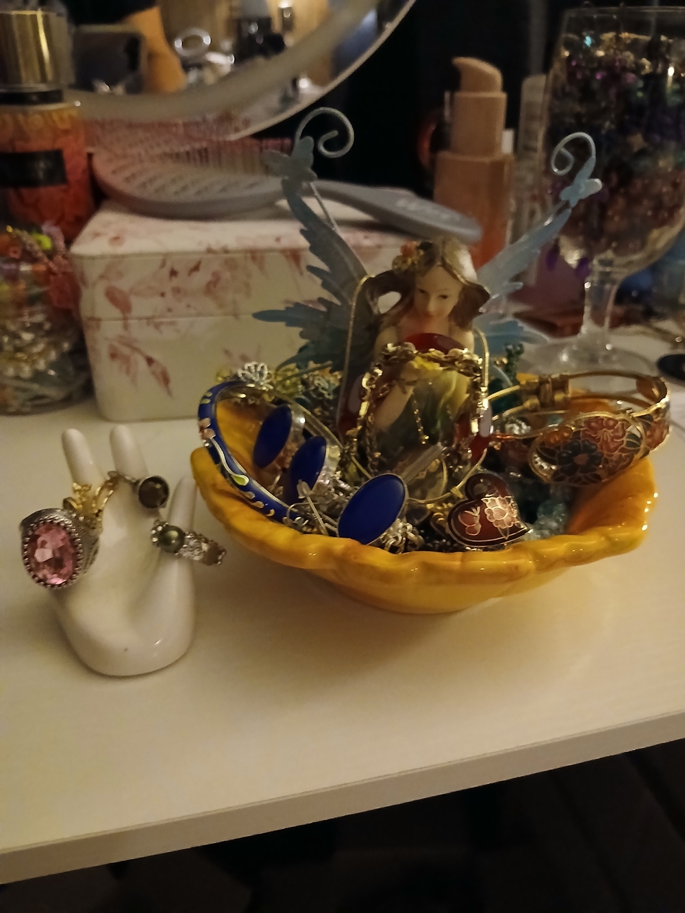 Yellow Ceramic Trinket Bowl with Assorted Jewelry